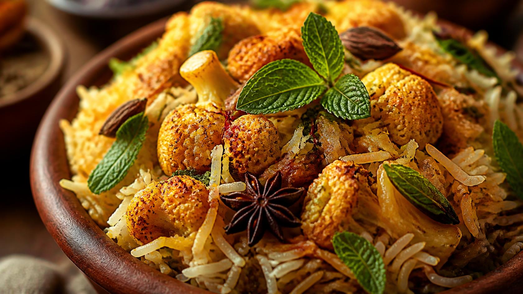 Cauliflower biryani with saffron and whole spices