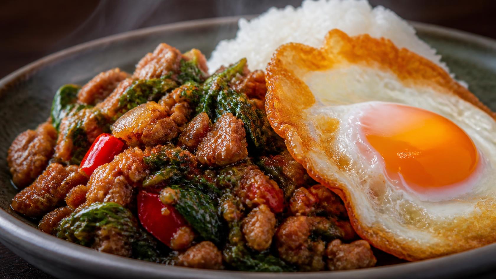 Pad kra pao Thai basil stir-fry with fried egg