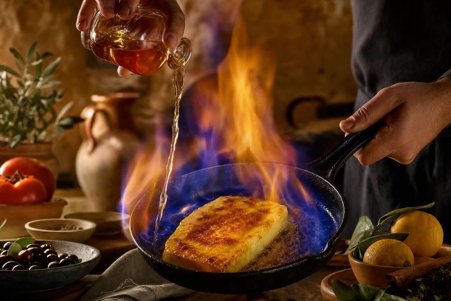 Saganaki pan-fried cheese with brandy