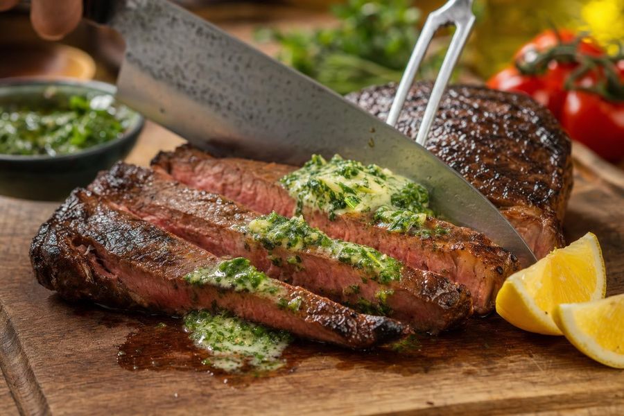 Grilled sirloin with Greek herb butter and lemon