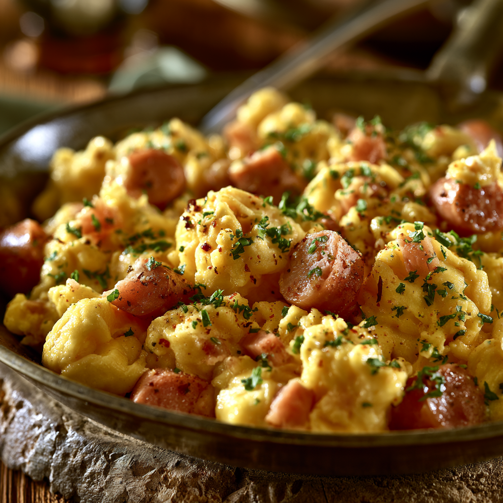 Polish Jajecznica scrambled eggs with kielbasa