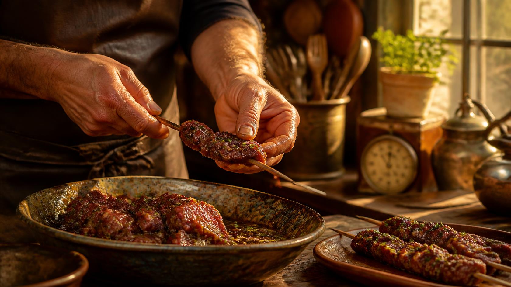 Threading beef onto skewers