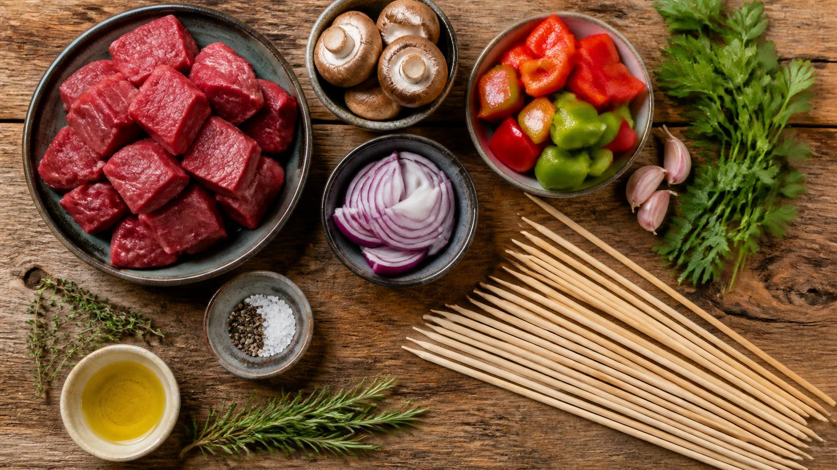 Anticucho ingredients flat-lay