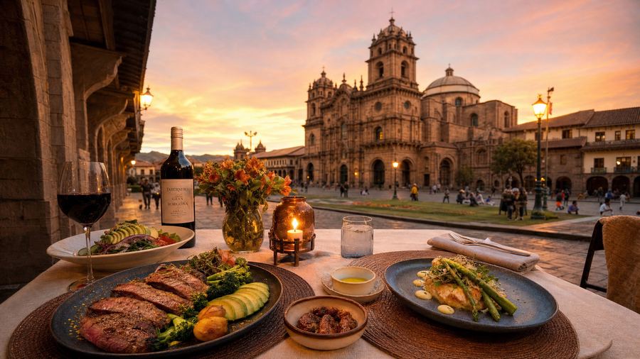 Plaza de Armas cathedral at sunset, Cusco, Peru