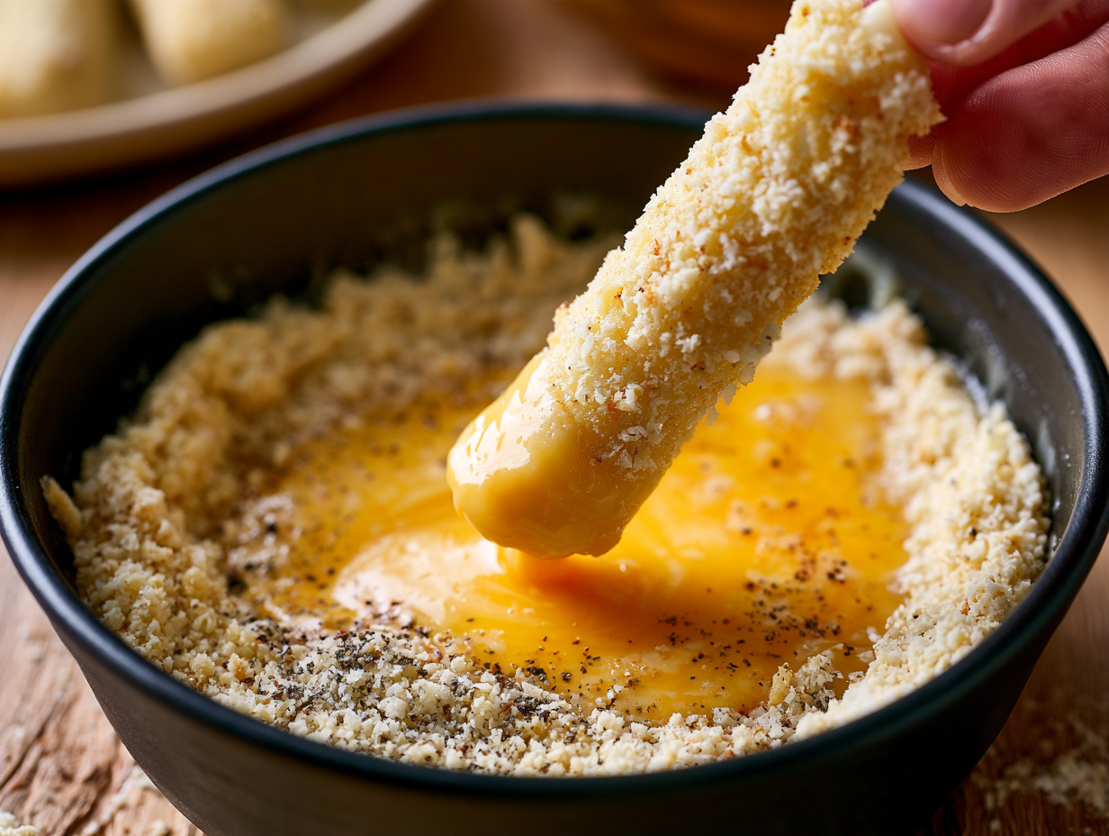 Almond-Crusted Mozzarella Sticks being coated