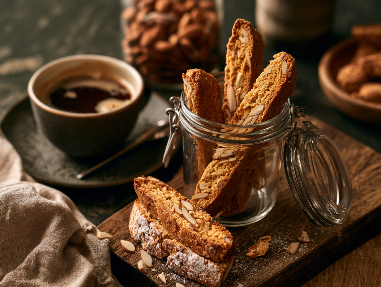 Almond Flour Biscotti sliced with coffee