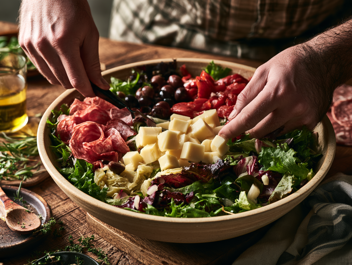 Antipasto Salad being arranged