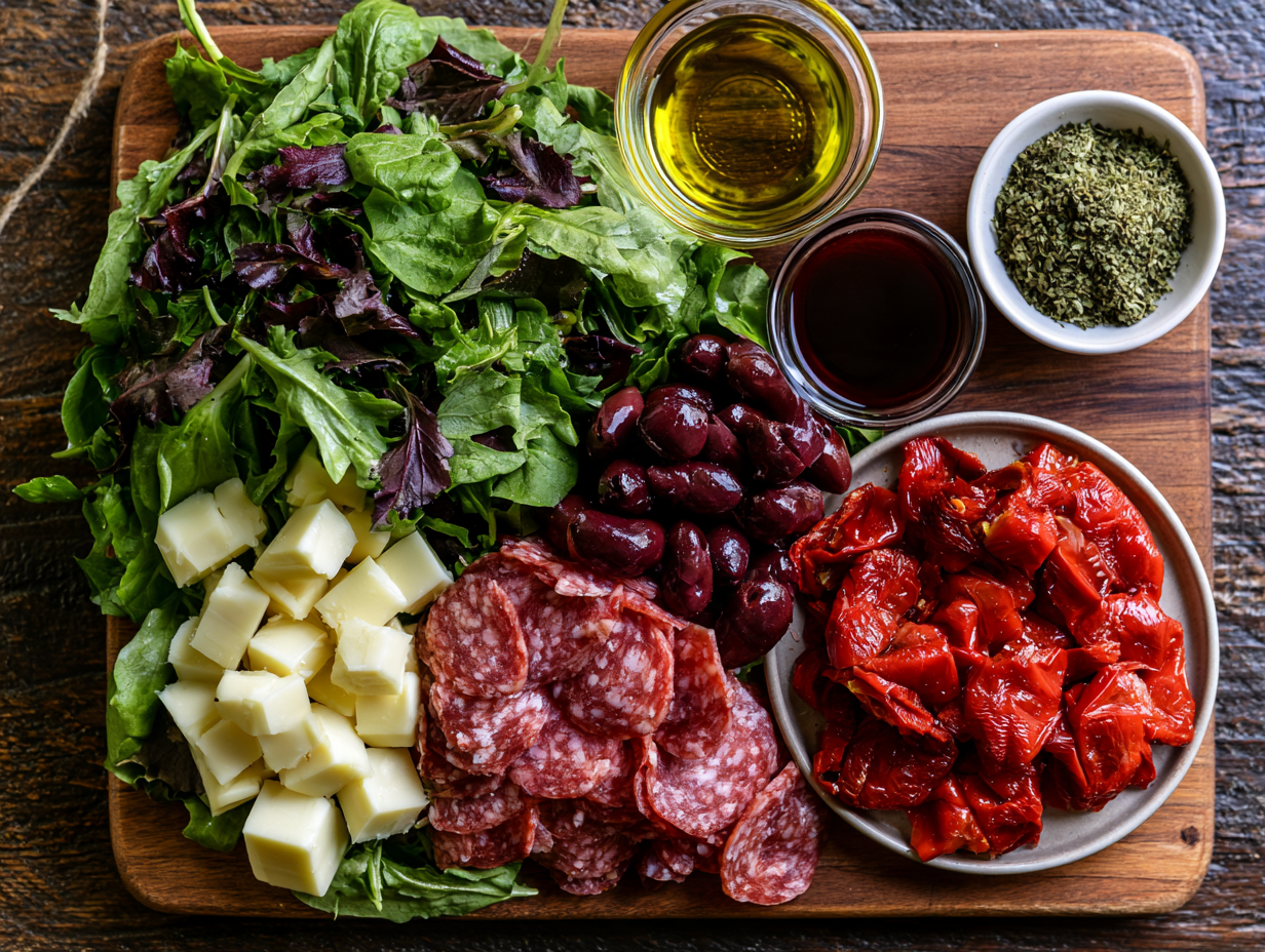Antipasto Salad ingredients flat lay