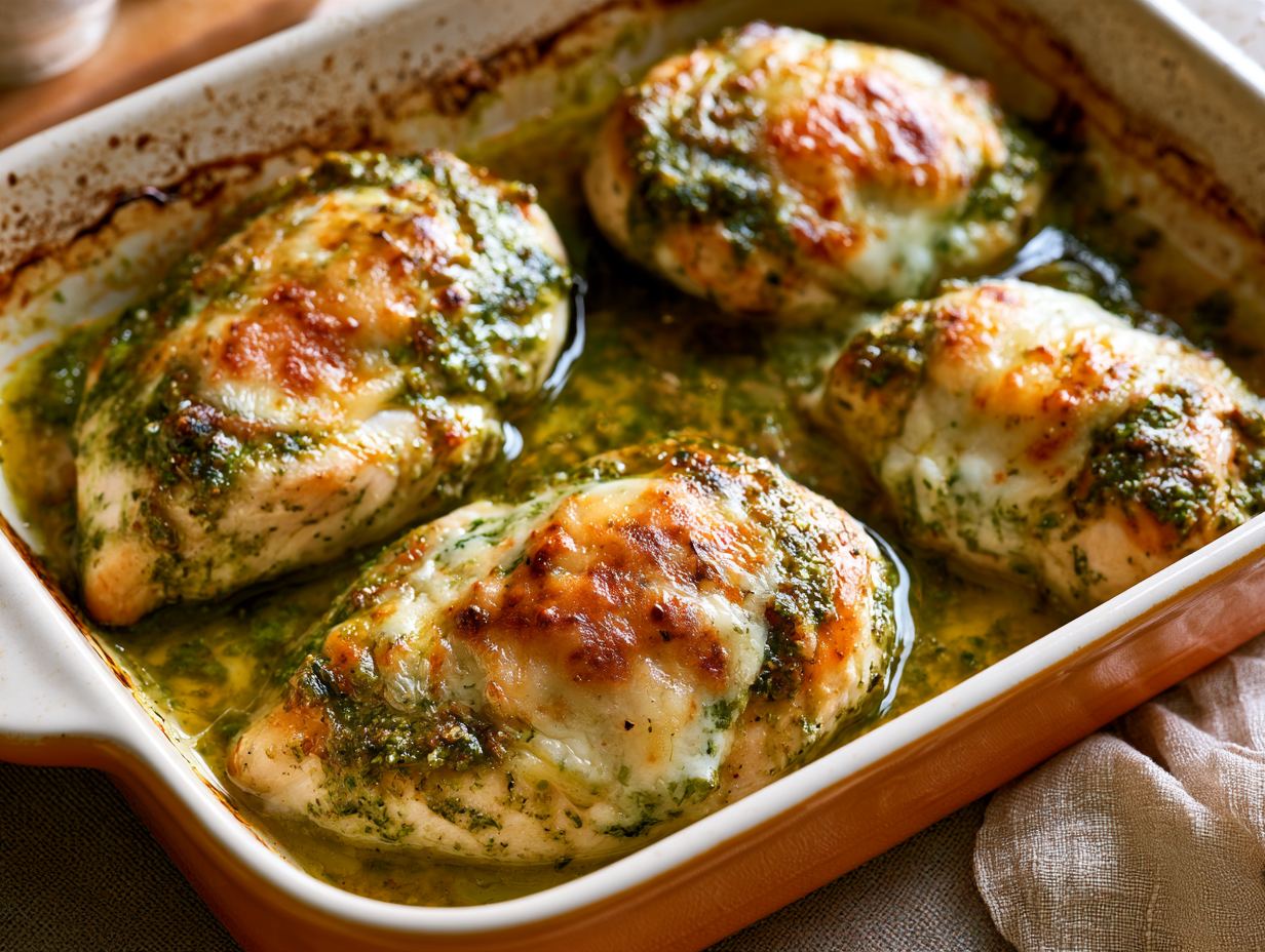 Baked Chicken with Pesto baked golden and bubbly