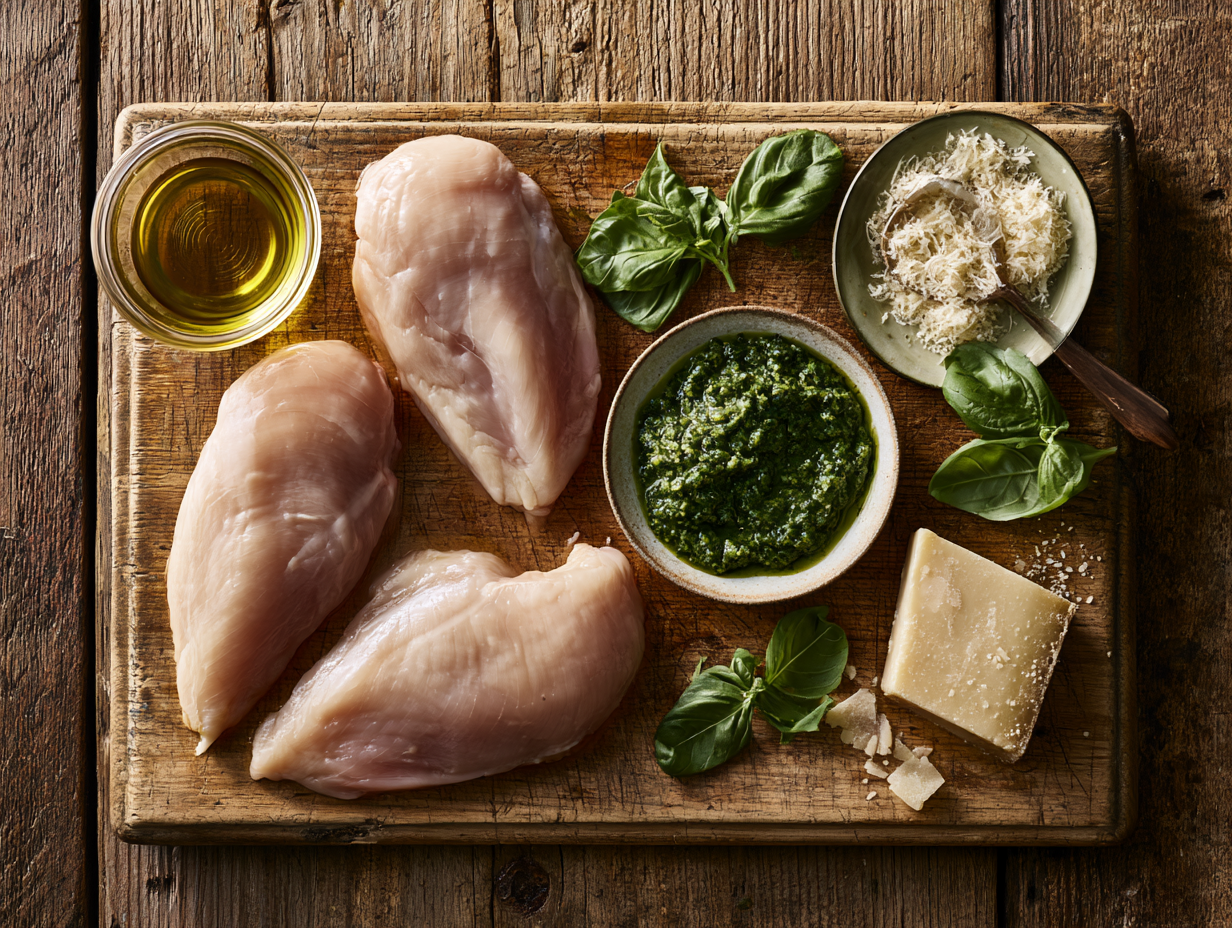 Baked Chicken with Pesto ingredients flat lay