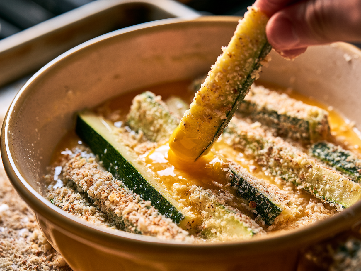 Baked Zucchini Fries being coated