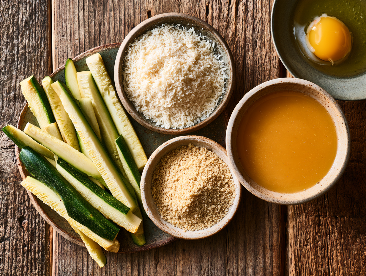 Baked Zucchini Fries ingredients flat lay