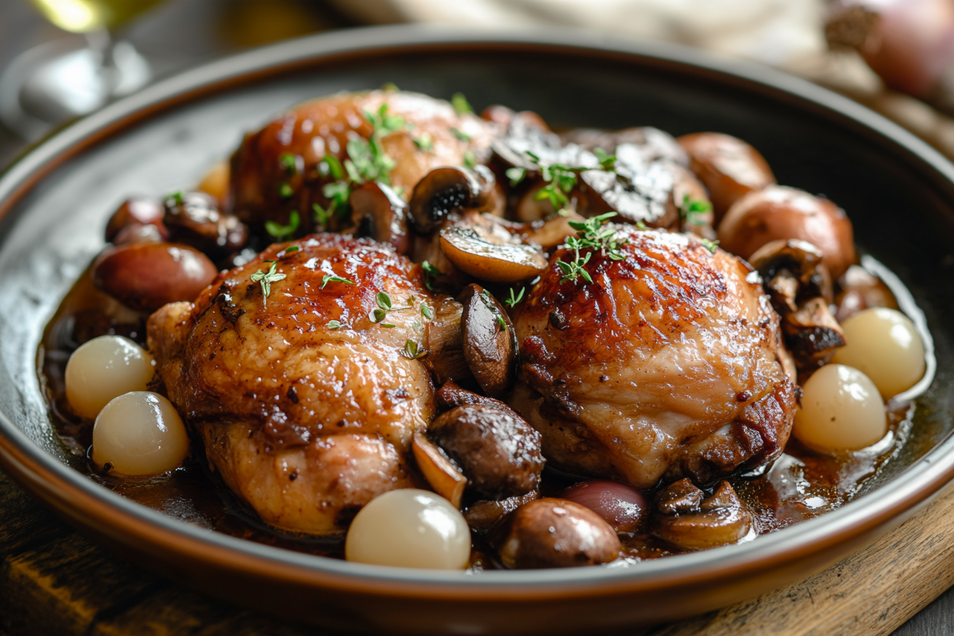 Coq au vin, red wine braised chicken