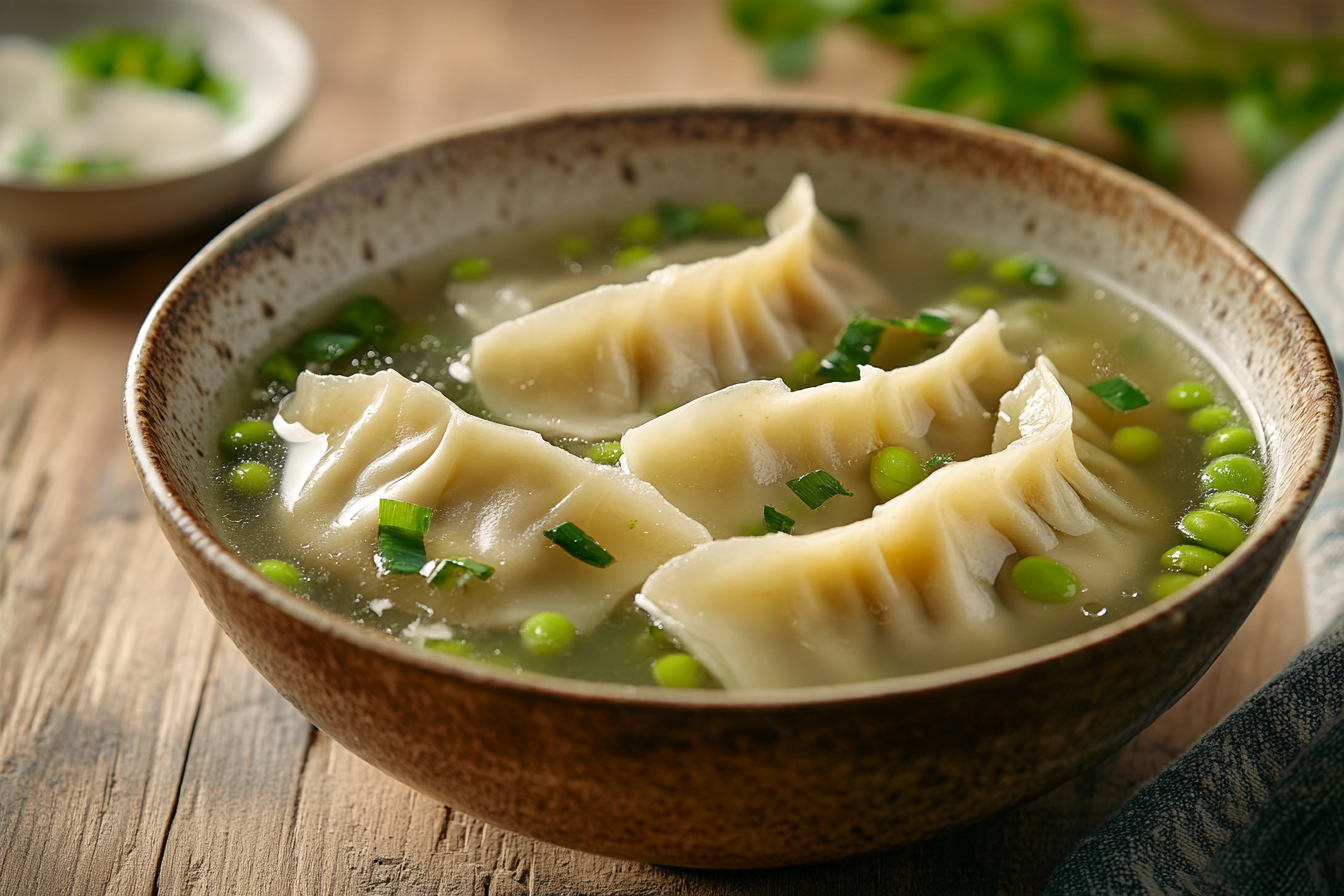 Edamame dumplings in broth
