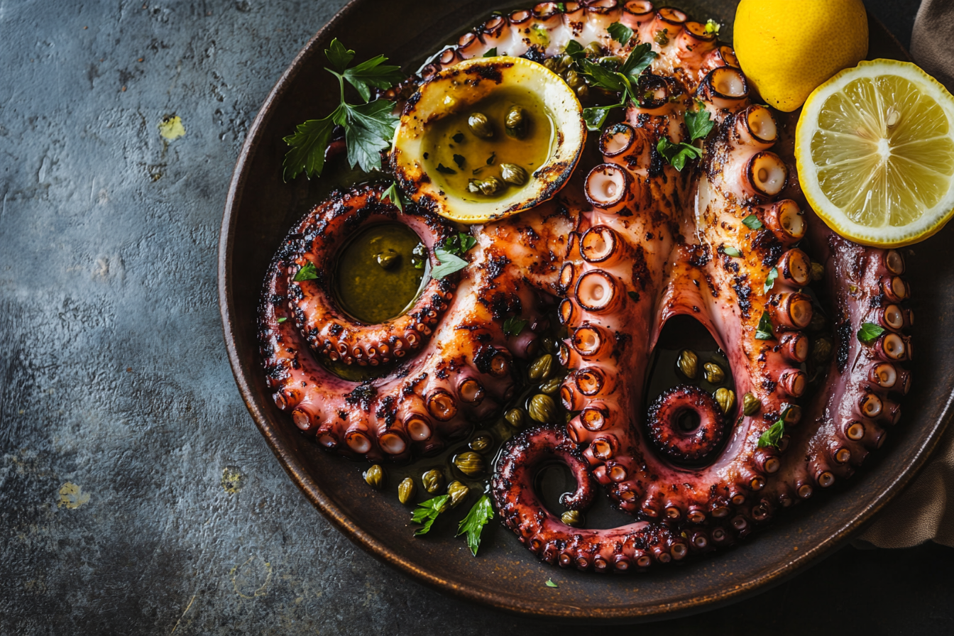 Grilled octopus with olive oil and capers