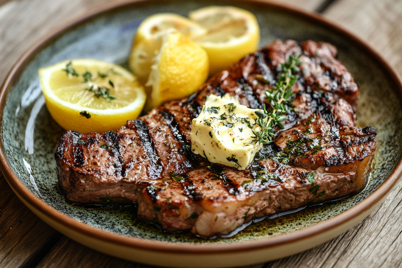 Grilled sirloin with Greek herb butter and lemon