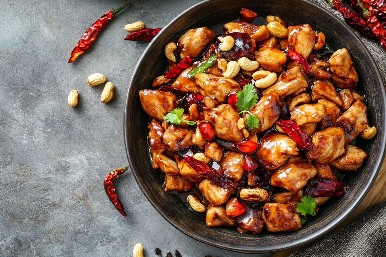 Kung Pao chicken with charred peanuts and dried chilies