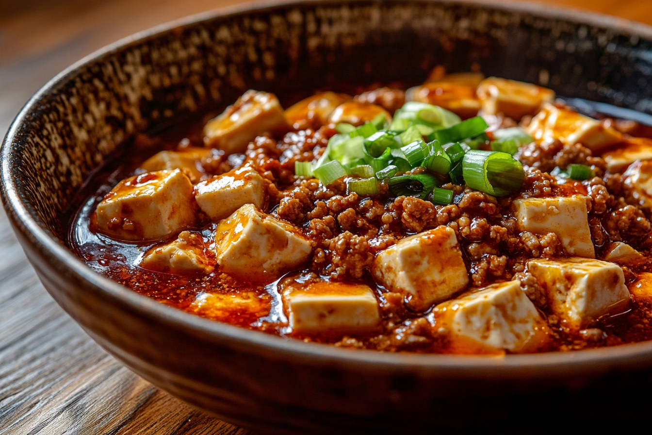 Mapo tofu in glossy red chili oil sauce