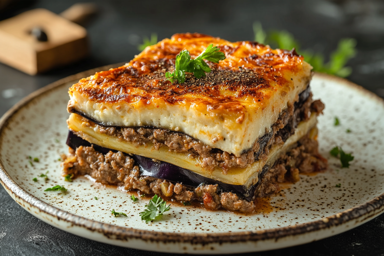 Moussaka layered with eggplant and béchamel