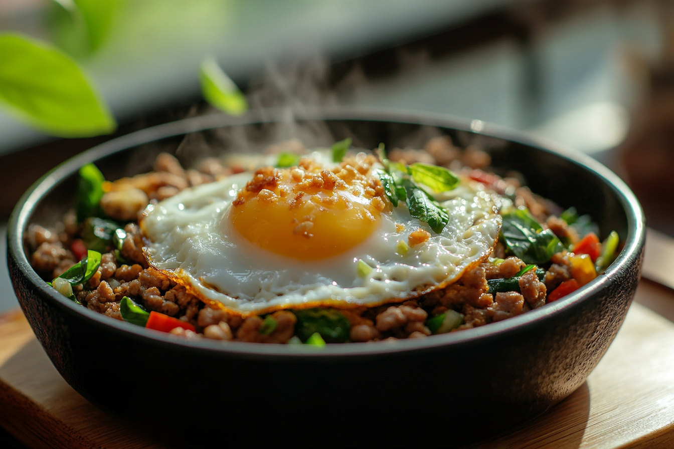 Pad kra pao Thai basil stir-fry with fried egg