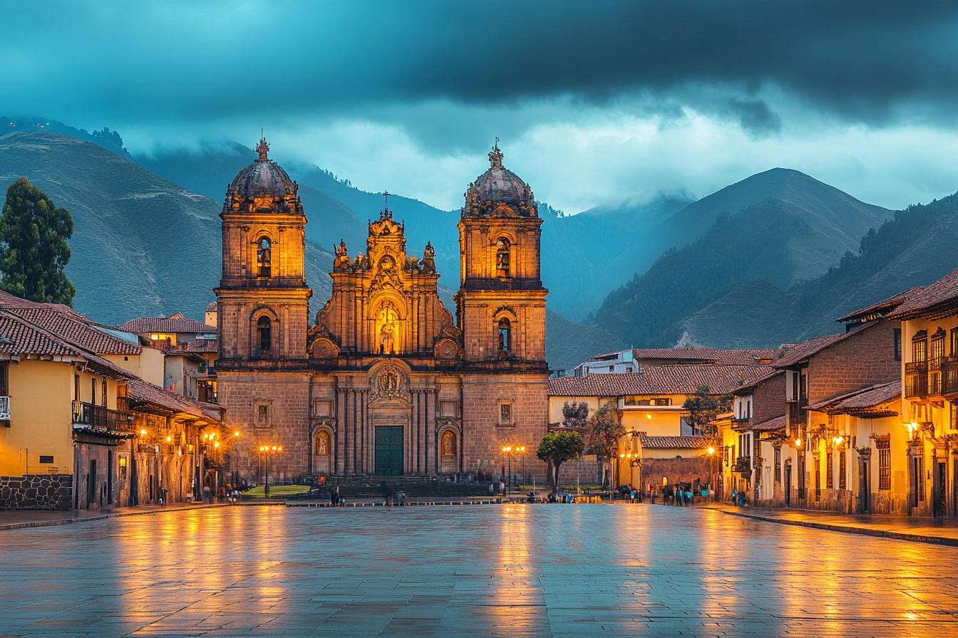 Plaza de Armas cathedral at sunset, Cusco, Peru