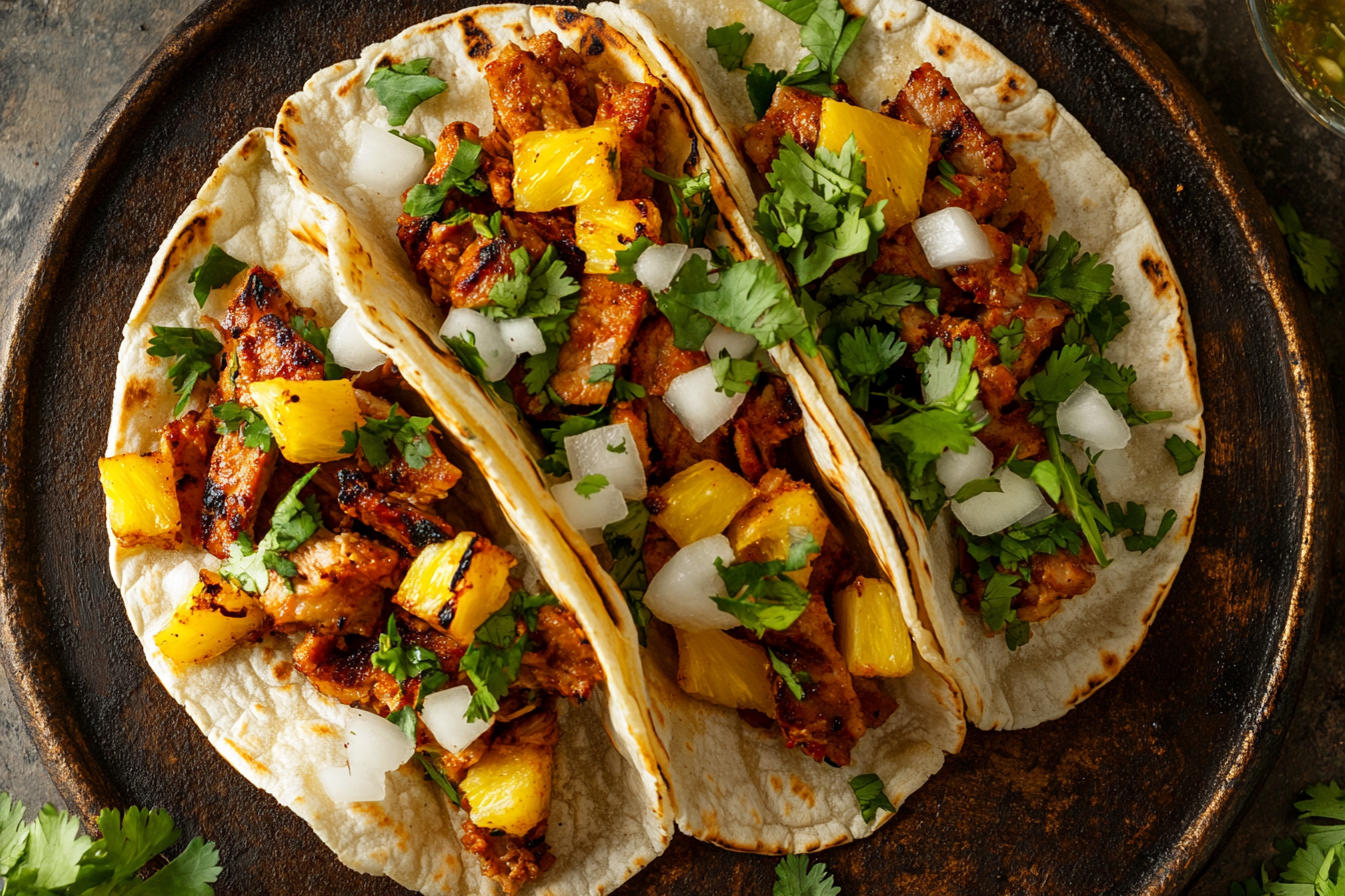 Street tacos al pastor with grilled pineapple