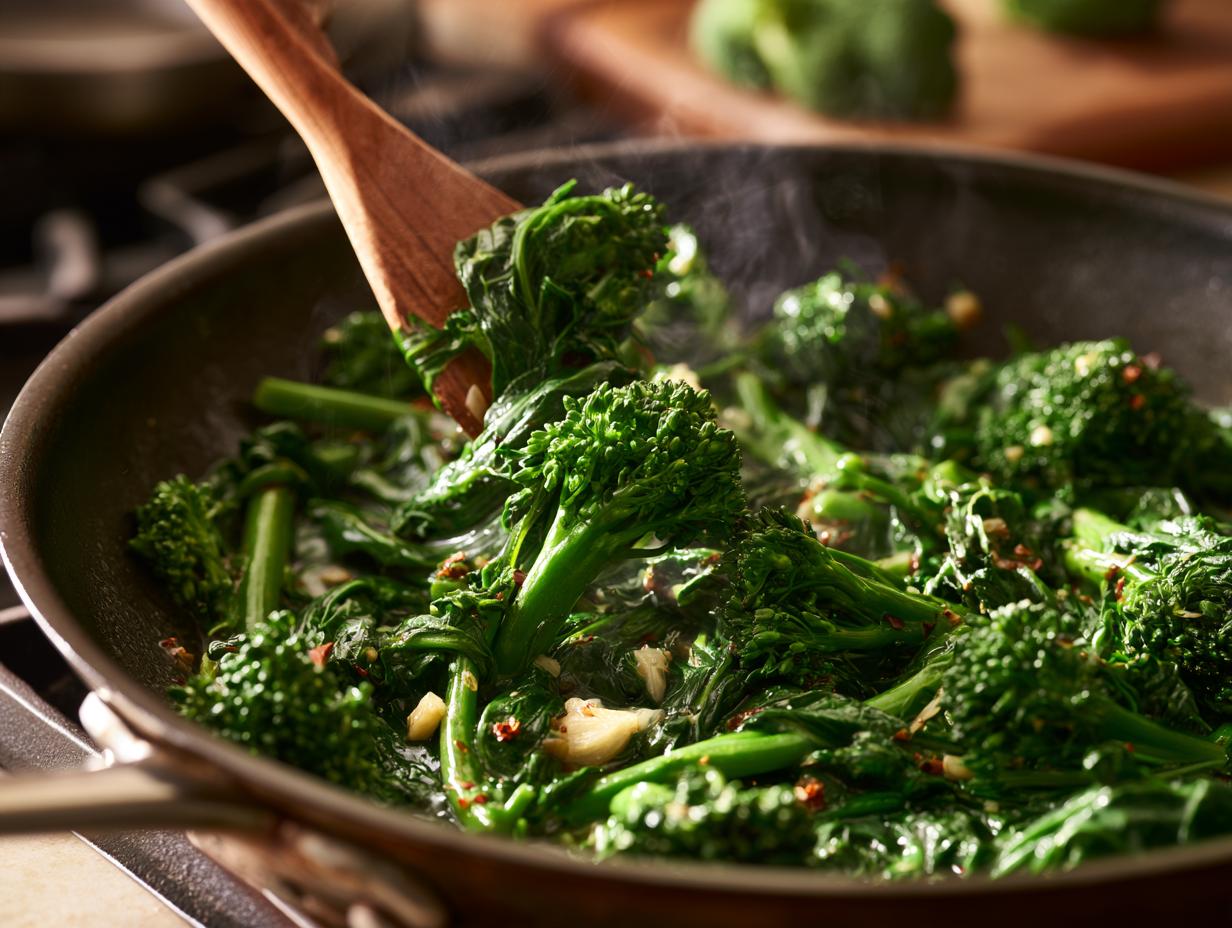 Broccoli Rabe with Garlic being sauteed