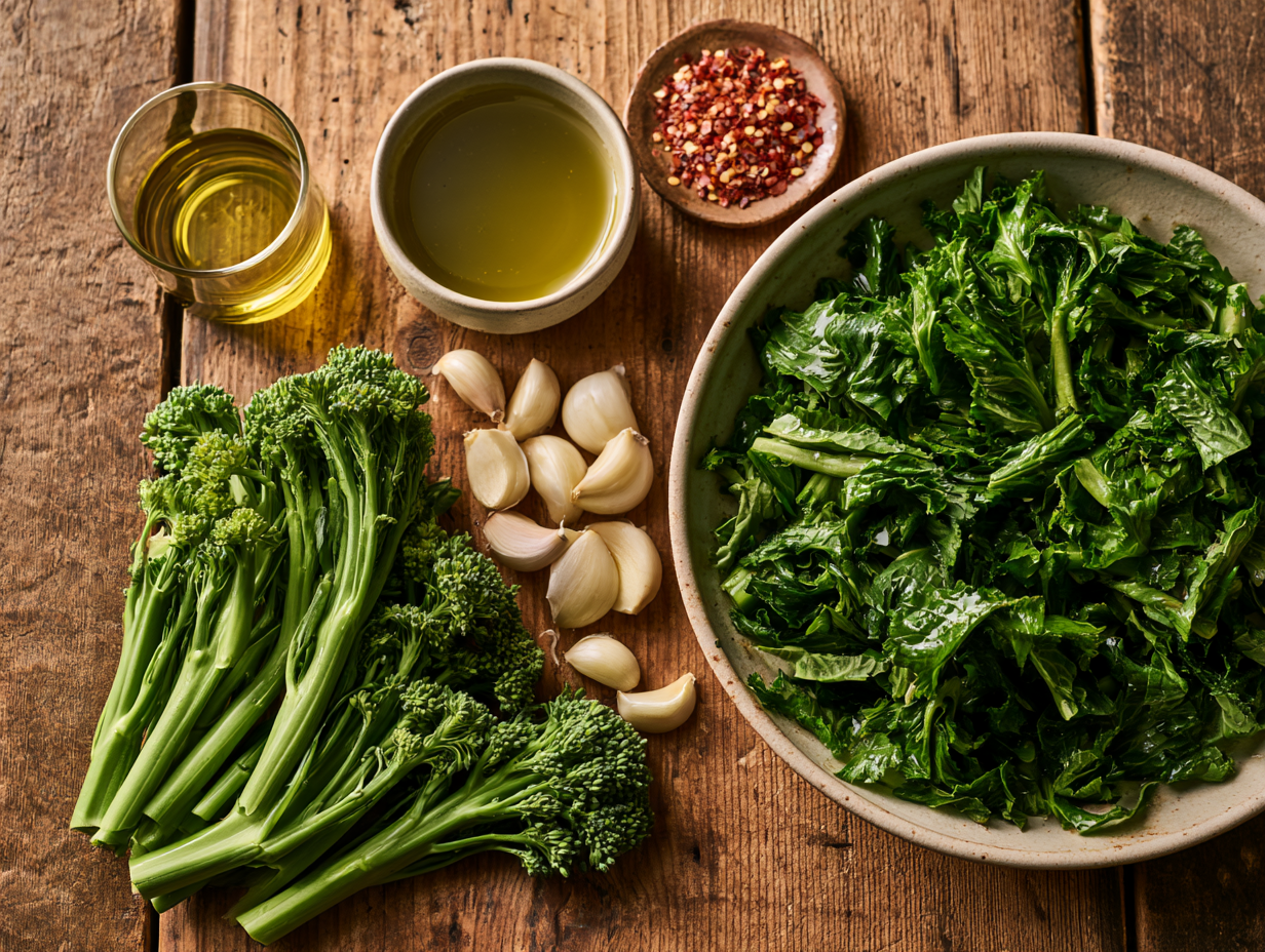 Broccoli Rabe with Garlic ingredients flat lay