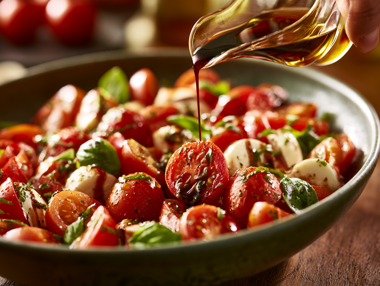 Caprese Side Salad being drizzled with olive oil