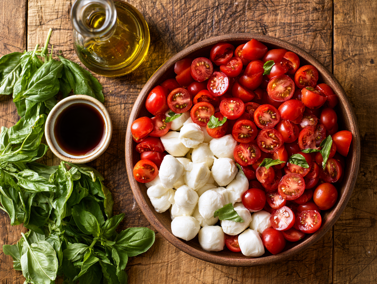 Caprese Side Salad ingredients flat lay