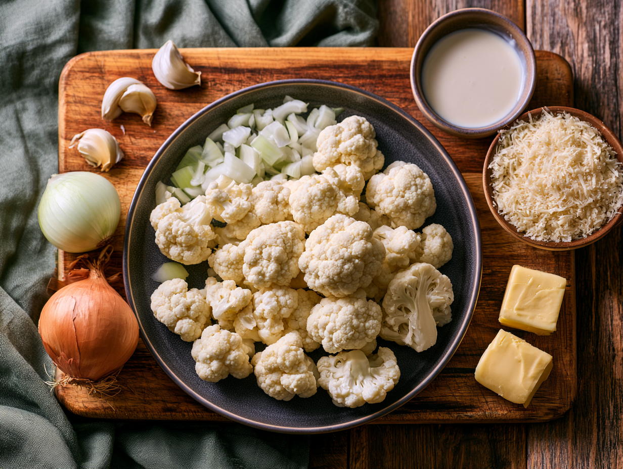 Cauliflower and Parmesan Soup ingredients flat lay