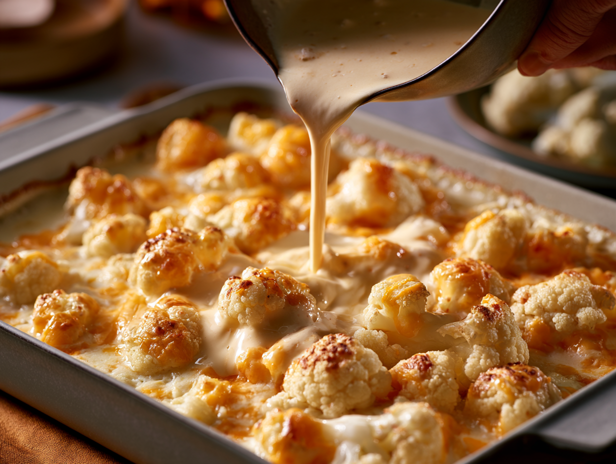 Cauliflower Au Gratin being poured with cream and cheese