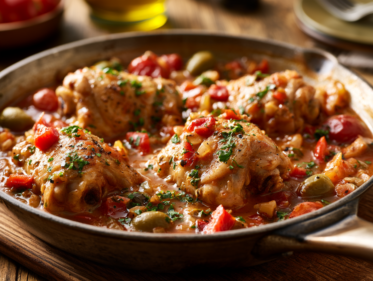 Chicken Cacciatore braising in tomato pepper sauce