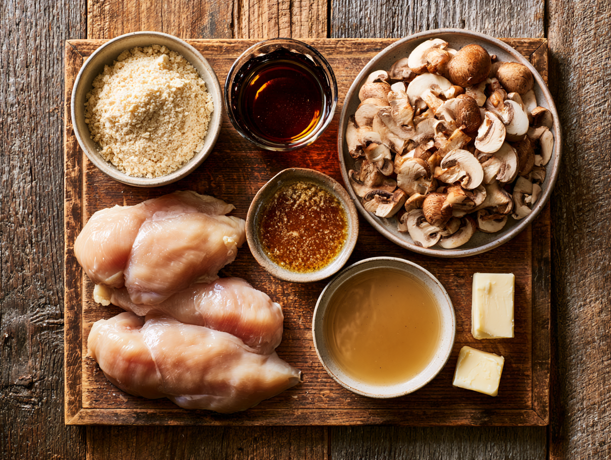 Chicken Marsala ingredients flat lay