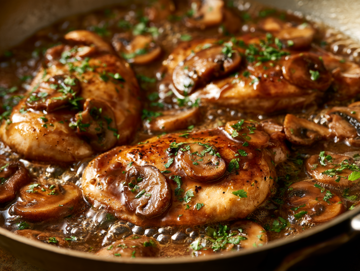 Chicken Marsala simmering in mushroom sauce