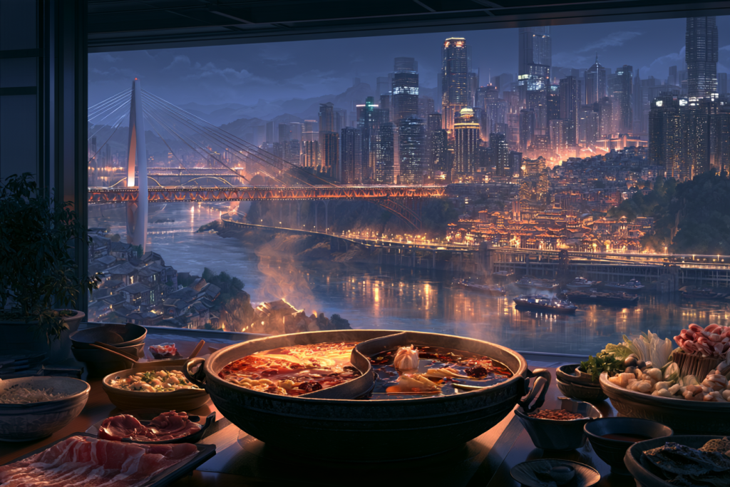 Chongqing hot pot, mountainside skyline