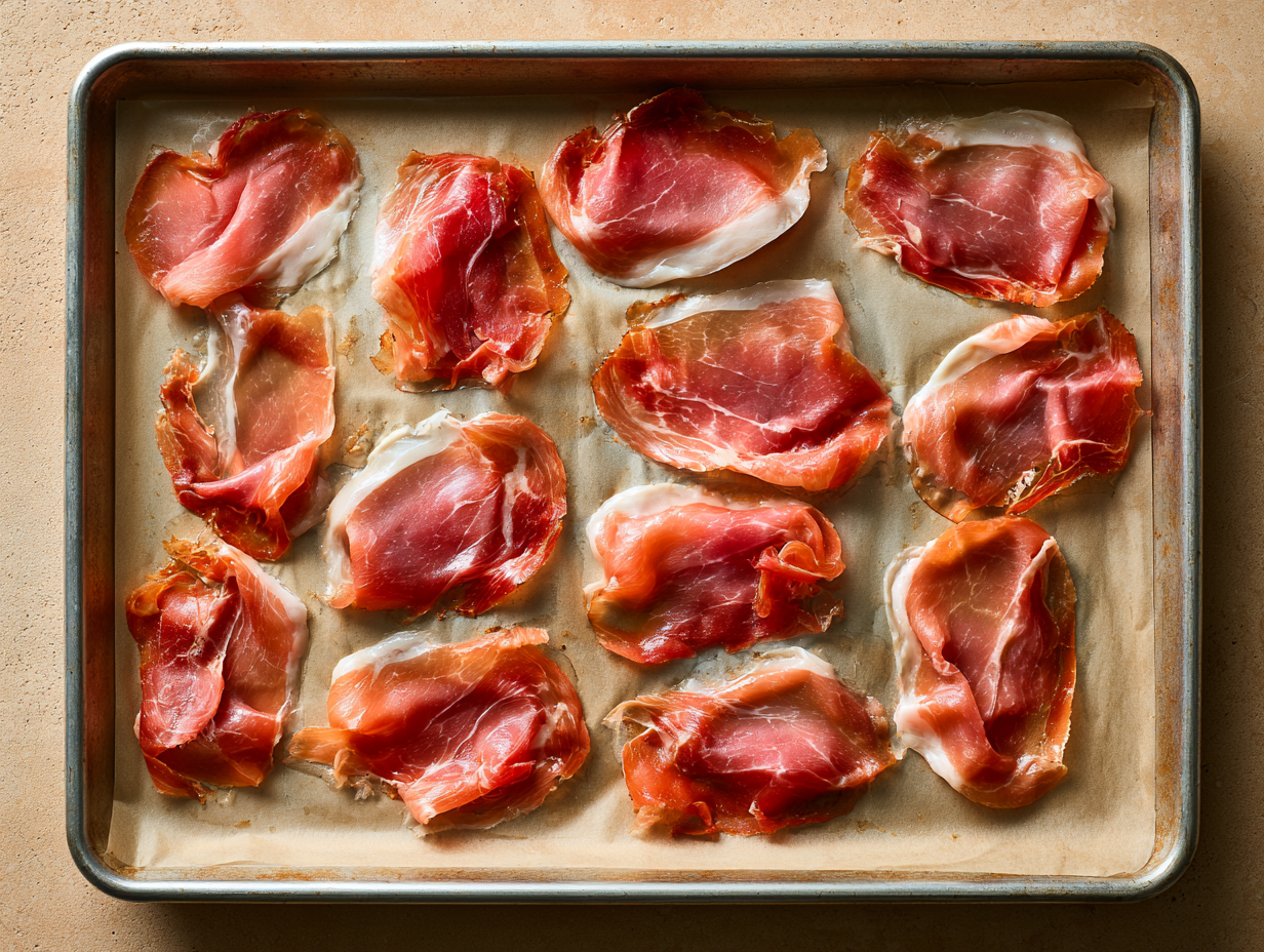 Crispy Prosciutto Chips being laid out