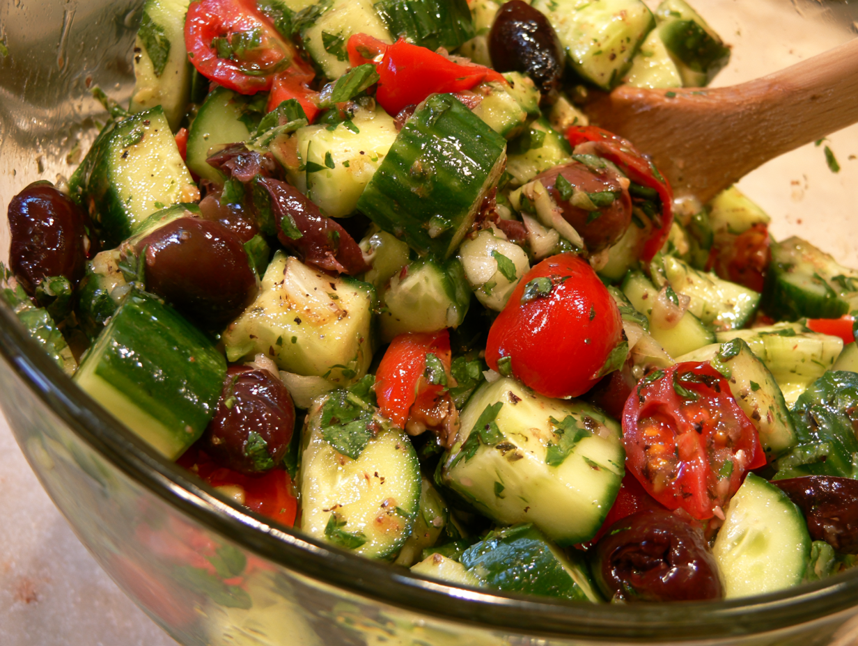 Cucumber and Olive Salad being tossed