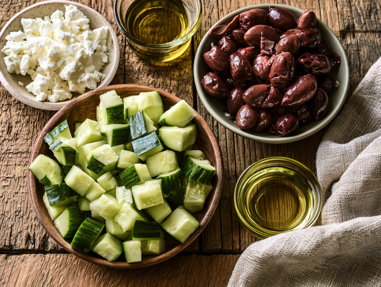 Cucumber and Olive Salad ingredients flat lay