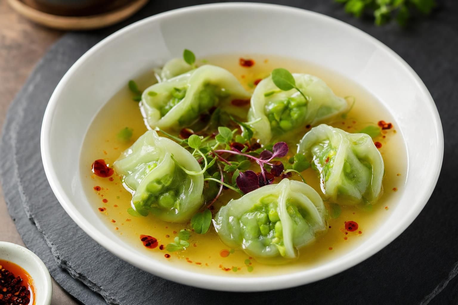 Edamame Dumplings in Broth