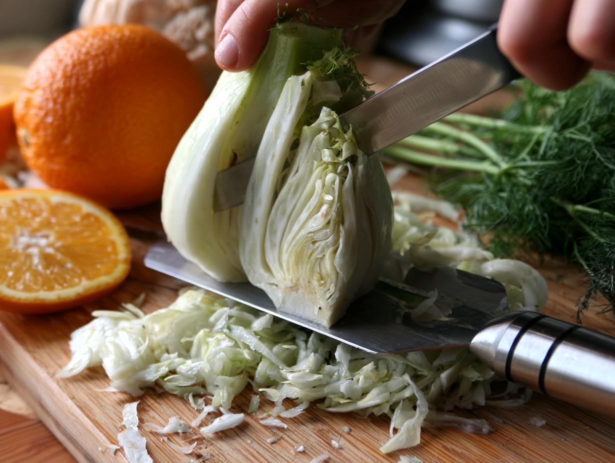 Fennel and Orange Salad being thinly sliced