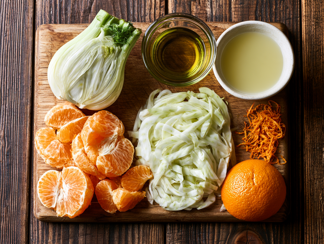 Fennel and Orange Salad ingredients flat lay