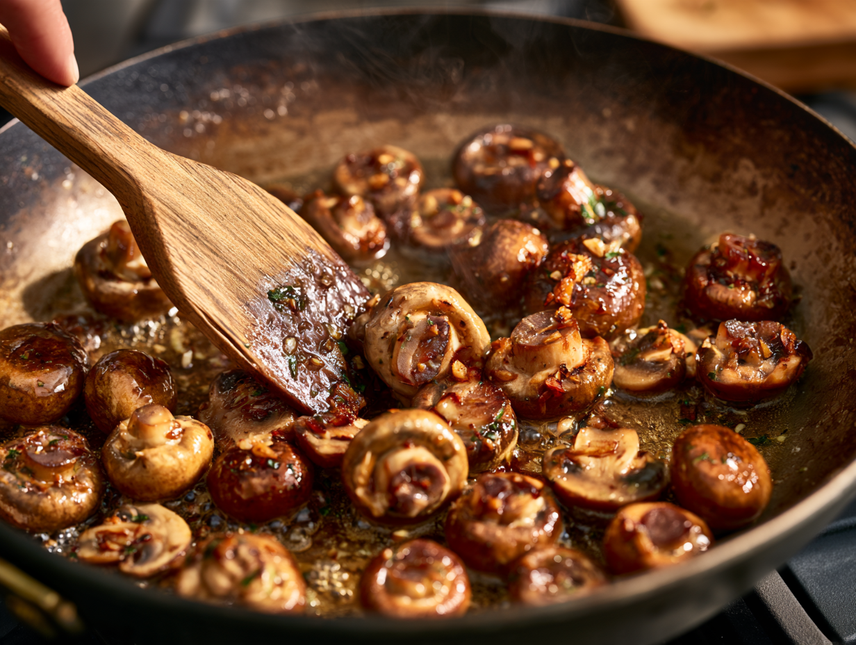 Garlic Butter Mushrooms being sauteed
