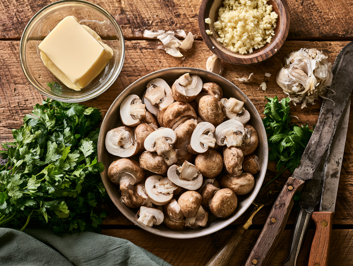 Garlic Butter Mushrooms ingredients flat lay
