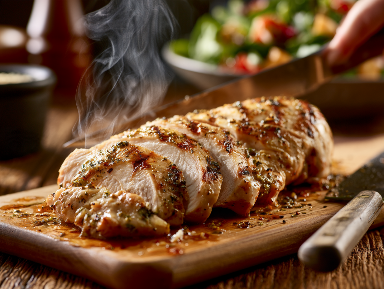 Grilled Chicken Pesto Salad grilled chicken being sliced