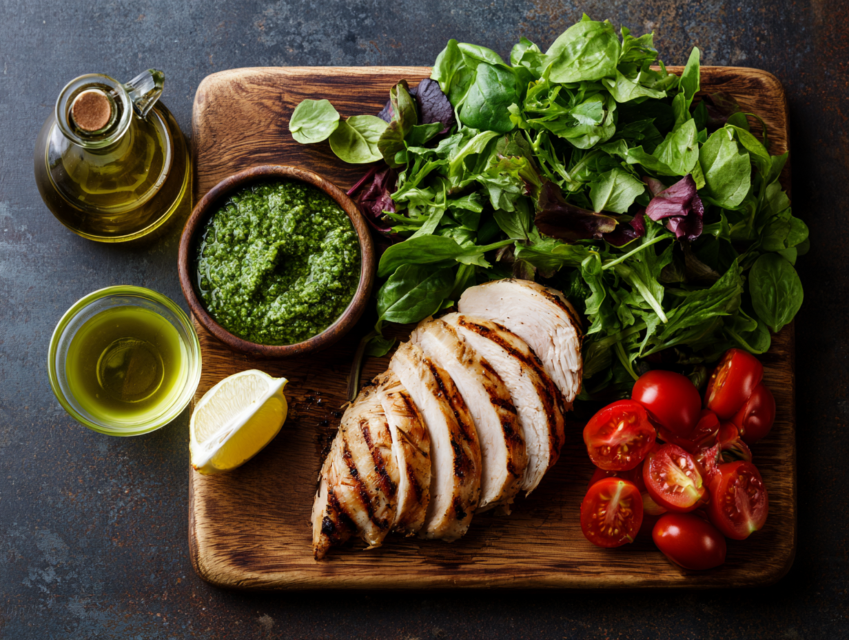Grilled Chicken Pesto Salad ingredients flat lay