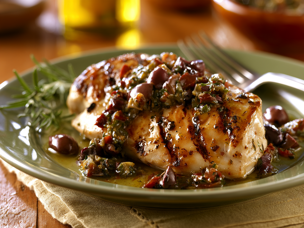 Grilled chicken topped with olive tapenade