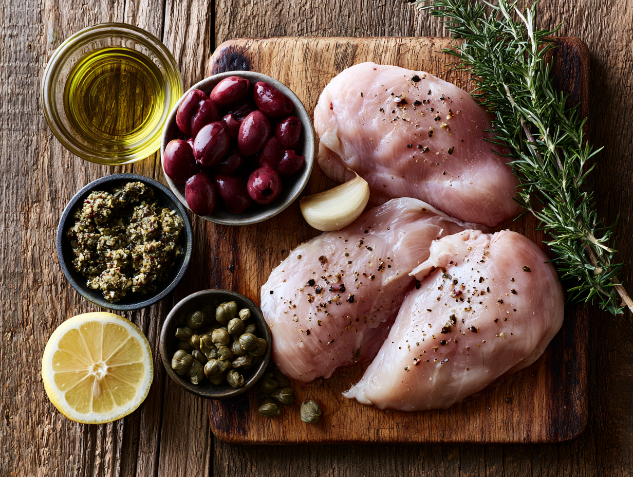 Grilled Chicken with Olive Tapenade ingredients flat lay