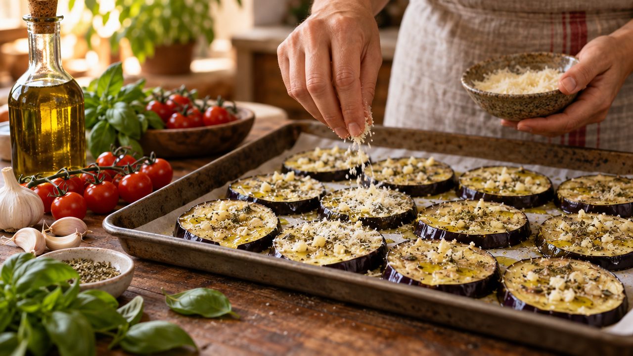 Italian Roasted Eggplant being arranged