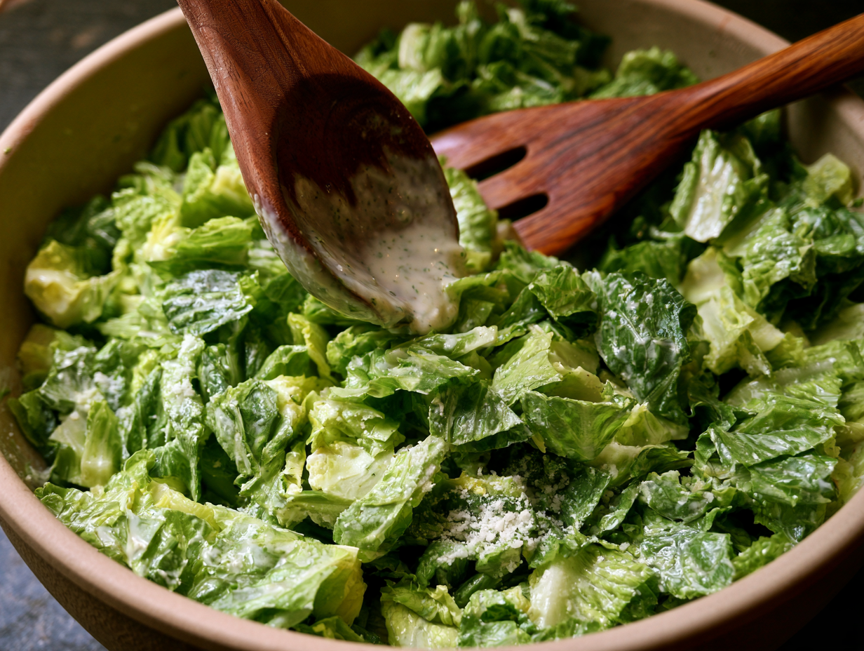 Italian Caesar Salad being tossed